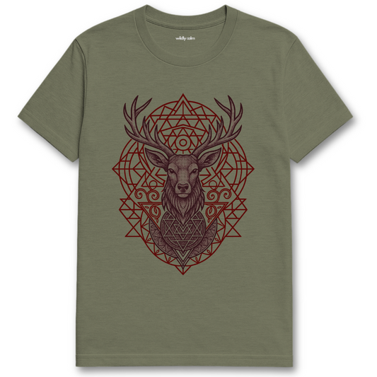 Sacred Axis Deer Mandala_Heather Military Green yoga t-shirt with a red deer geometric design on a white background