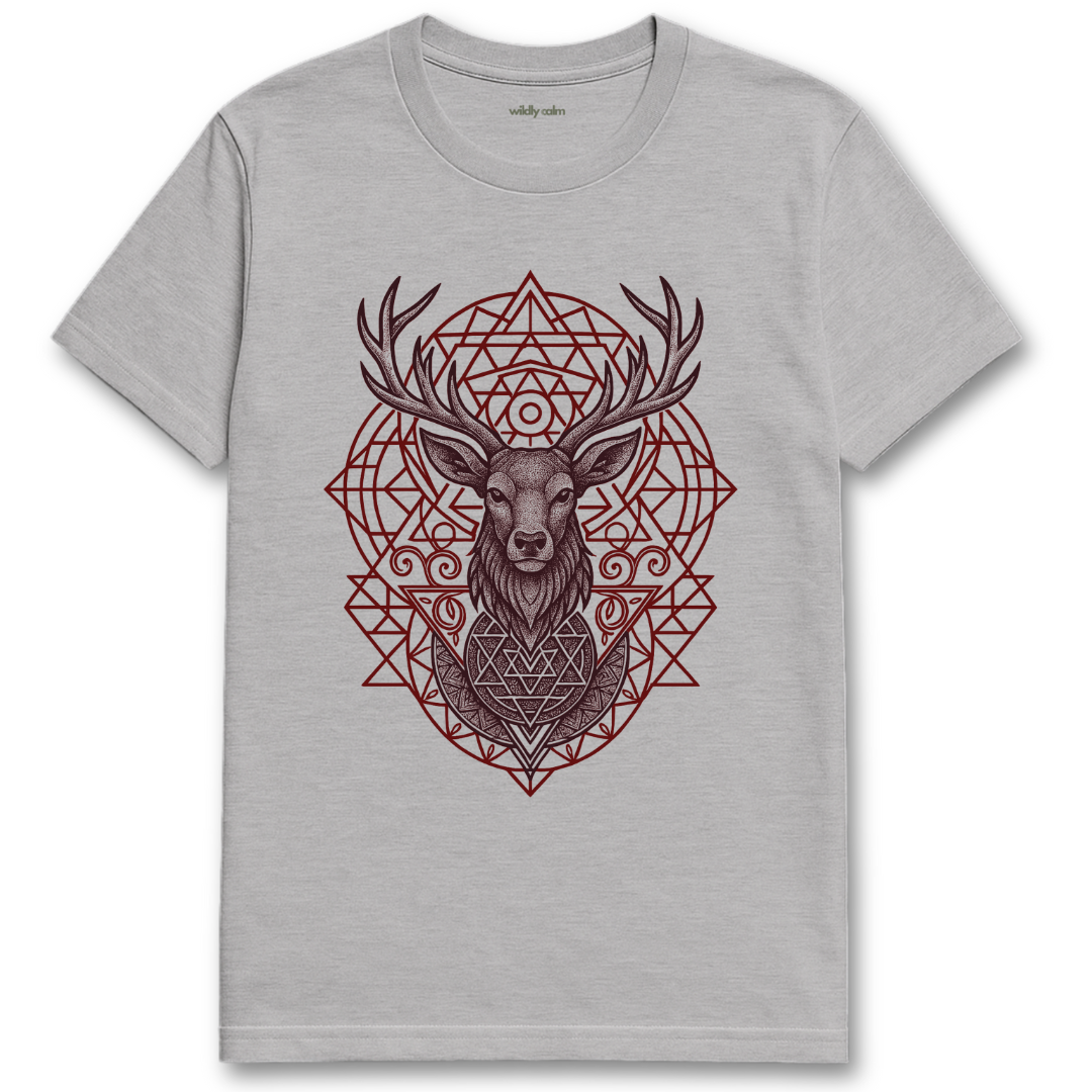Sacred Axis Deer Mandala_sports grey yoga t-shirt with a red deer geometric design on a white background