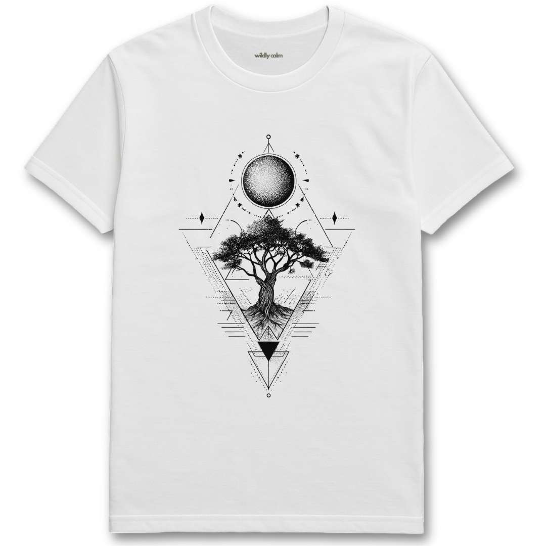 Sacred Tree geometry white yoga t-shirt with a geometric tree design - wildly calm