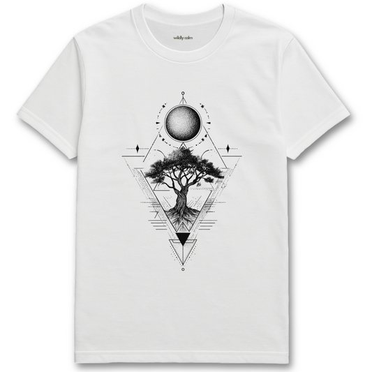 Sacred Tree geometry white yoga t-shirt with a geometric tree design - wildly calm