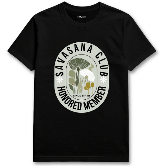 Black yoga t-shirt with Savasana Club logo -  Wildly Calm