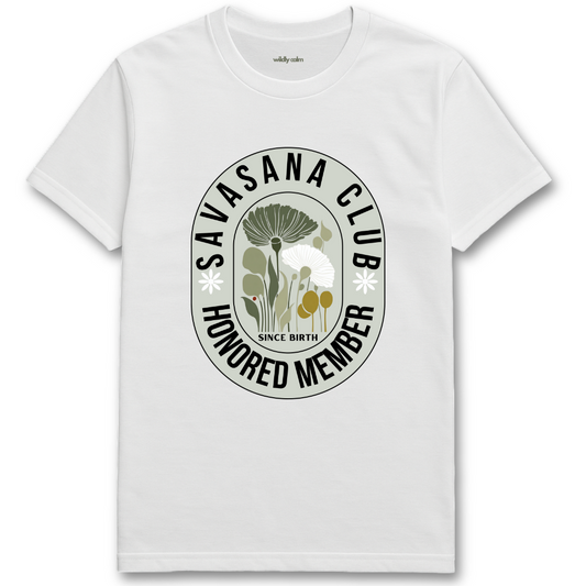 White yoga t-shirt with Savasana Club logo -  Wildly Calm