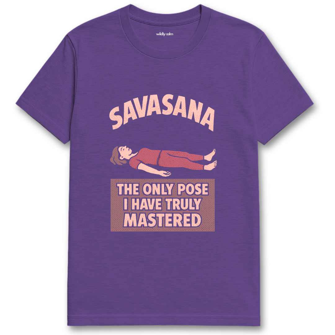 Wildly Calm_Savasana Humor Heather purple t-shirt with pink Savasana graphic and text on a white background