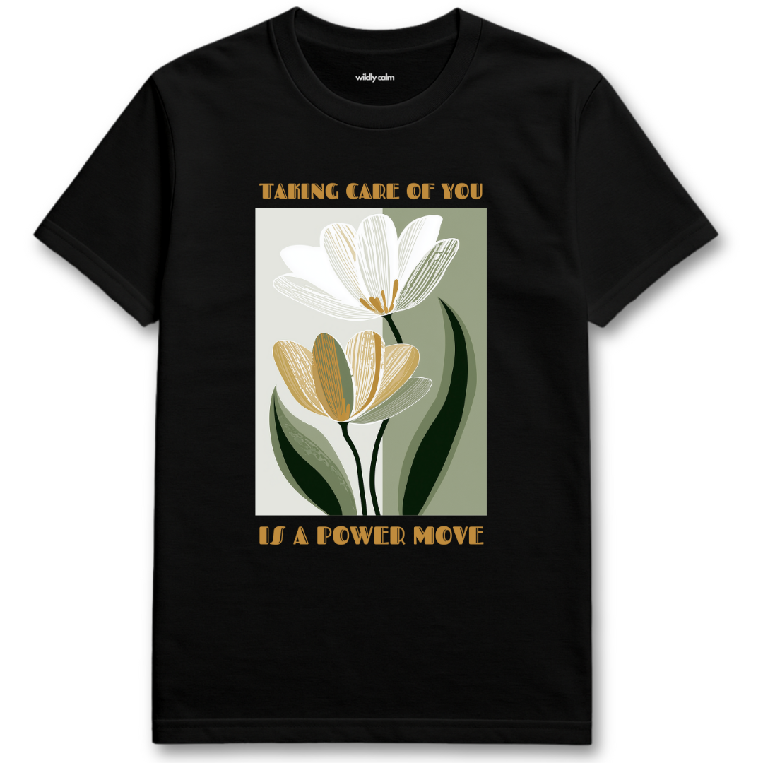 Self Love Black yoga t-shirt with floral design and text - wildly calm