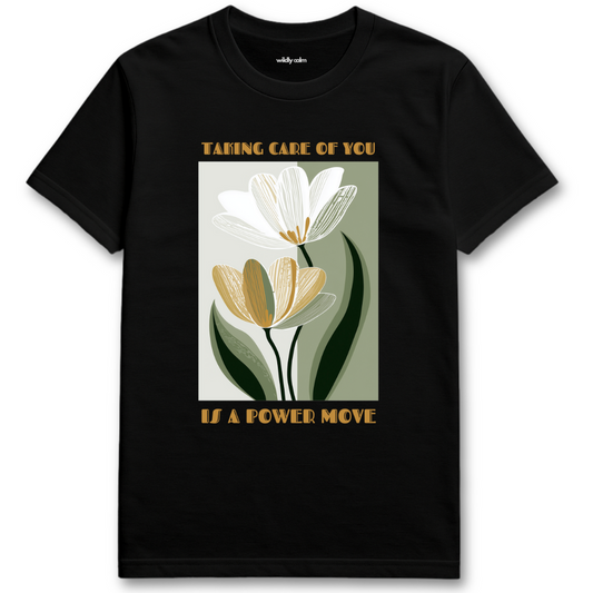 Self Love Black yoga t-shirt with floral design and text - wildly calm