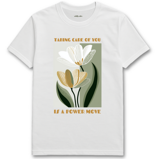Self Love white yoga t-shirt with floral design and text - wildly calm