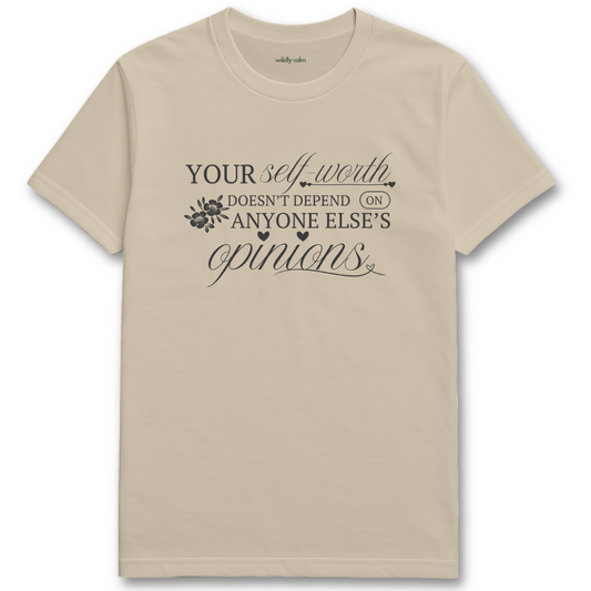 Self Worth sand yoga t-shirt with motivational quote on a white background - wildly calm