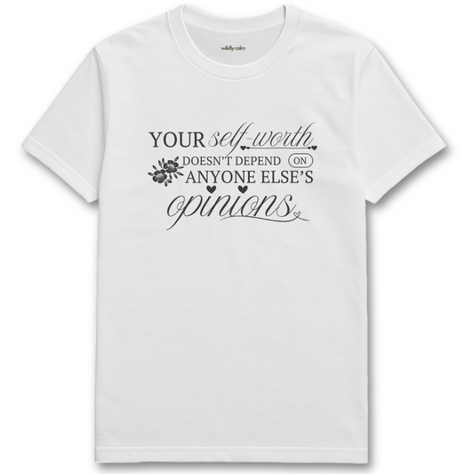 Self Worth White yoga t-shirt with motivational quote on a white background - wildly calm