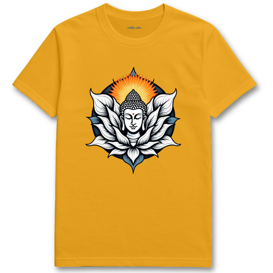 Serene Buddha_Gold t-shirt with a Buddha design on a white background for yoga - wildly calm