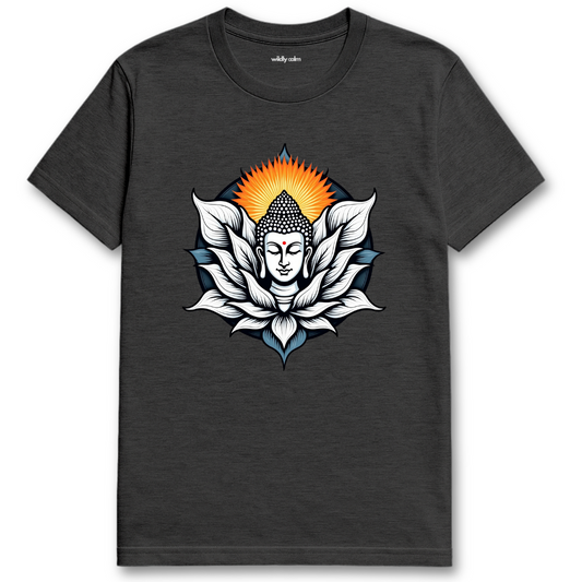 Serene Buddha_Heather Dark Grey t-shirt with a Buddha design on a white background for yoga - wildly calm