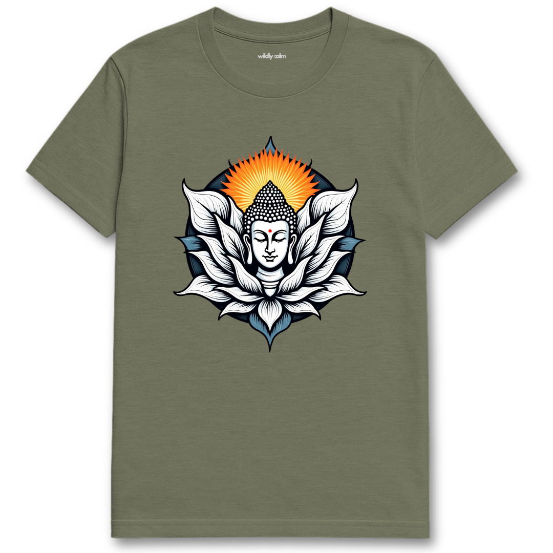 Serene Buddha_Heather Military Green t-shirt with a Buddha design on a white background for yoga - wildly calm