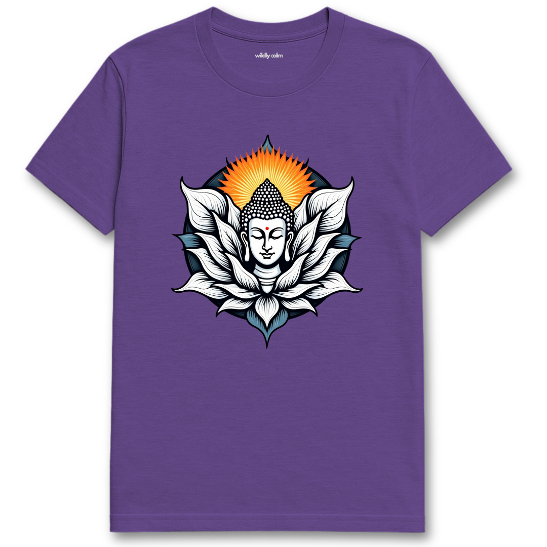 Serene Buddha_Heather Purple t-shirt with a Buddha design on a white background for yoga - wildly calm