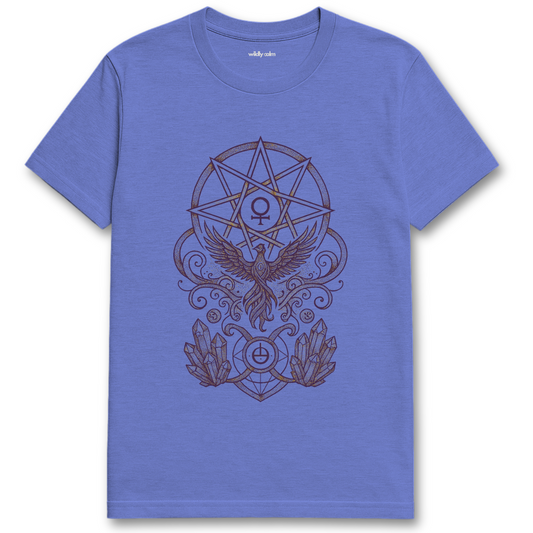 Heather Royal Blue Star-Sigil-Crystal Nexus t-shirt with a brown symbol design featuring a bird and crystals on a white background for Yoga - Wildly Calm