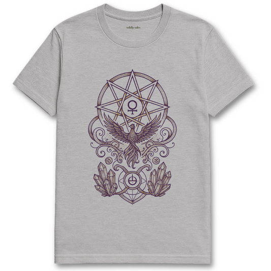 Sports Gray Star-Sigil-Crystal Nexus t-shirt with a brown symbol design featuring a bird and crystals on a white background for Yoga - Wildly Calm