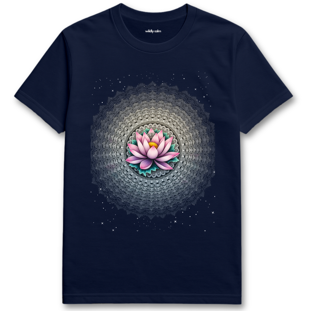 Navy Starry Lotus blue t-shirt with a pink lotus flower design for Yoga - Wildly Calm