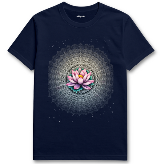 Navy Starry Lotus blue t-shirt with a pink lotus flower design for Yoga - Wildly Calm