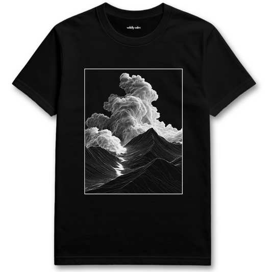 Summits Black yoga t-shirt with a graphic of mountains and clouds - wildly calm