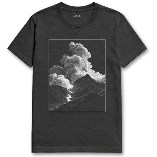 Summits Heather Dark Grey yoga t-shirt with a graphic of mountains and clouds - wildly calm