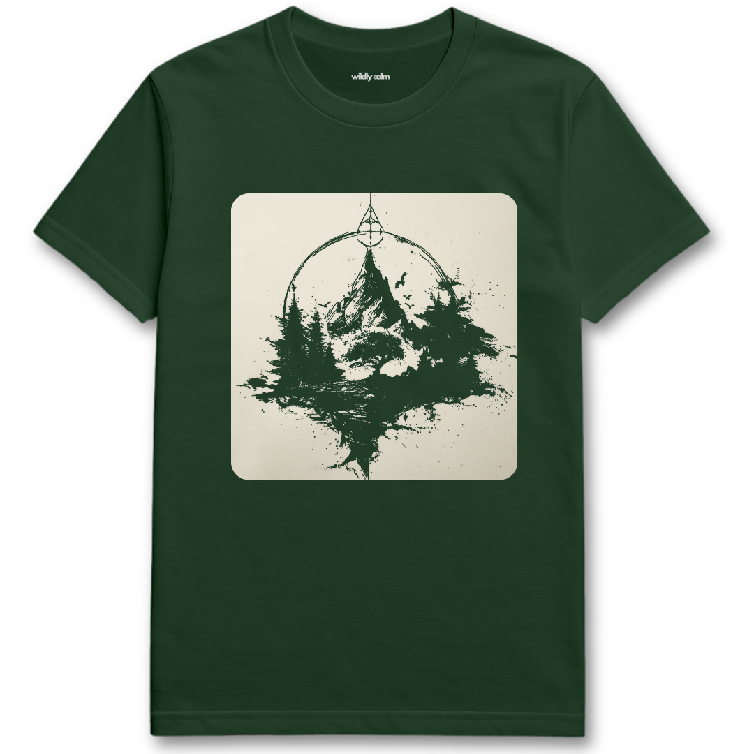 Sunlit Trails forest Green yoga t-shirt with a nature-themed graphic - wildly calm