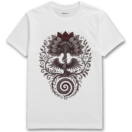 WildlyCalm_Symmetrical Tree-Bird-Spital_White tee for Yoga