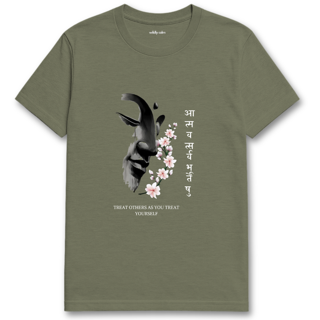 Treat Others as You Treat Yourself_Heather Military Green yoga t-shirt with a black and white design of a goat and flowers, along with text - wildly calm