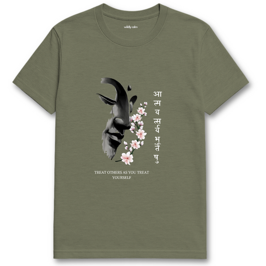 Treat Others as You Treat Yourself_Heather Military Green yoga t-shirt with a black and white design of a goat and flowers, along with text - wildly calm