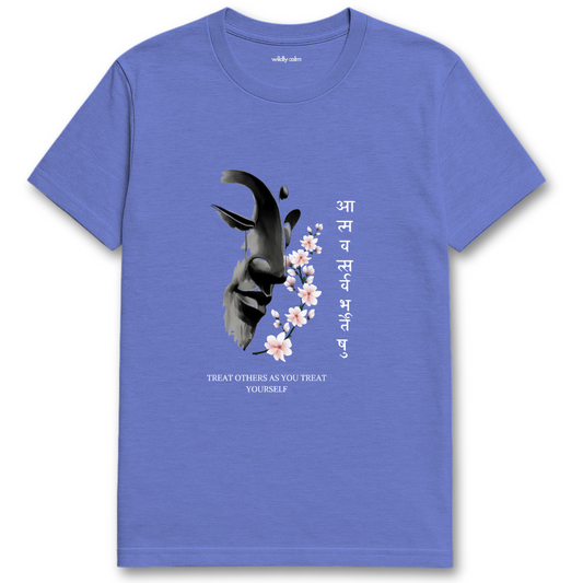 Treat Others as You Treat Yourself_Heather Royal yoga t-shirt with a black and white design of a goat and flowers, along with text - wildly calm
