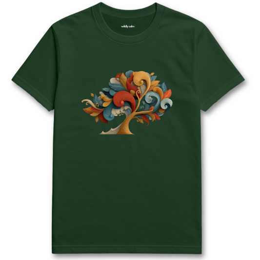 Tree Embrace_Forest Green yoga t-shirt with a colorful tree design - wildly calm