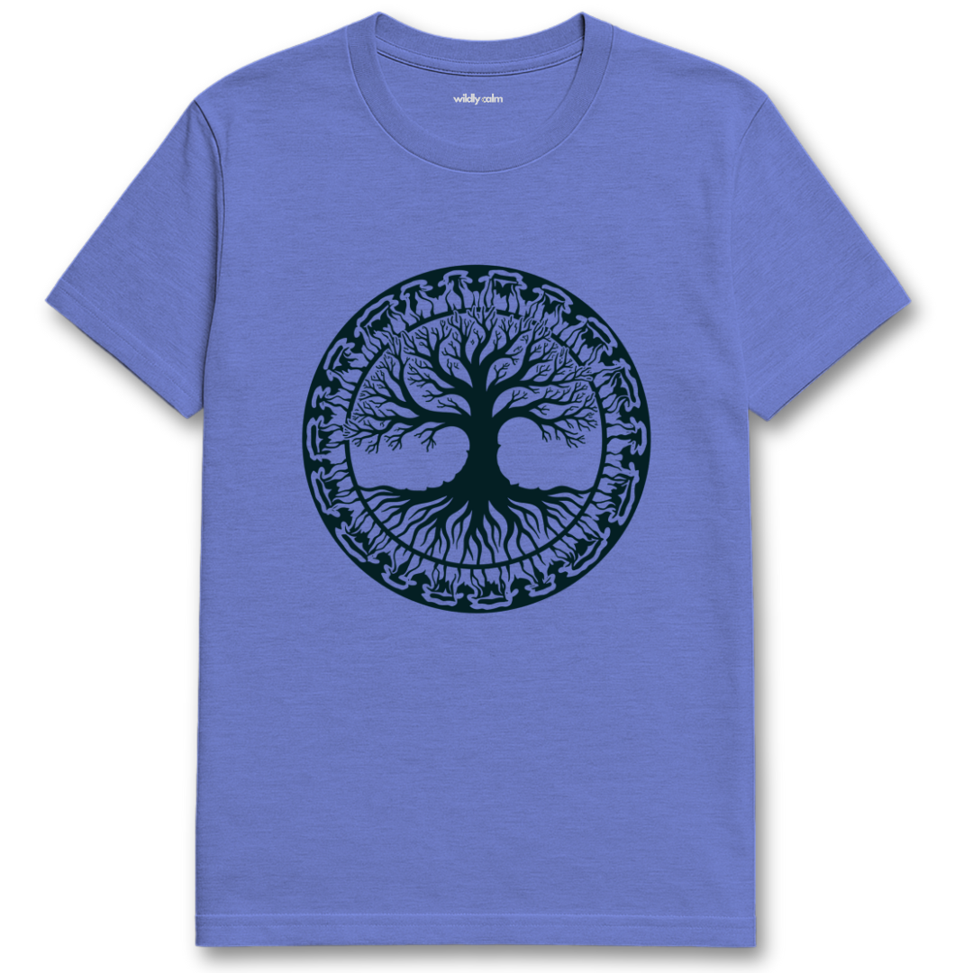 Wildly Calm_Tree Mandala_Heather Royal Blue yoga t-shirt with a black tree design on a white background