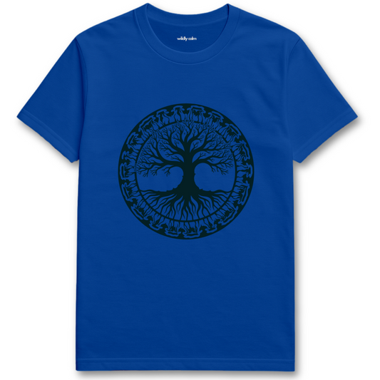 Wildly Calm_Tree Mandala_Royal Blue yoga t-shirt with a black tree design on a white background