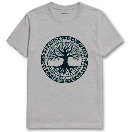 Wildly Calm_Tree Mandala_sports grey yoga t-shirt with a black tree design on a white background