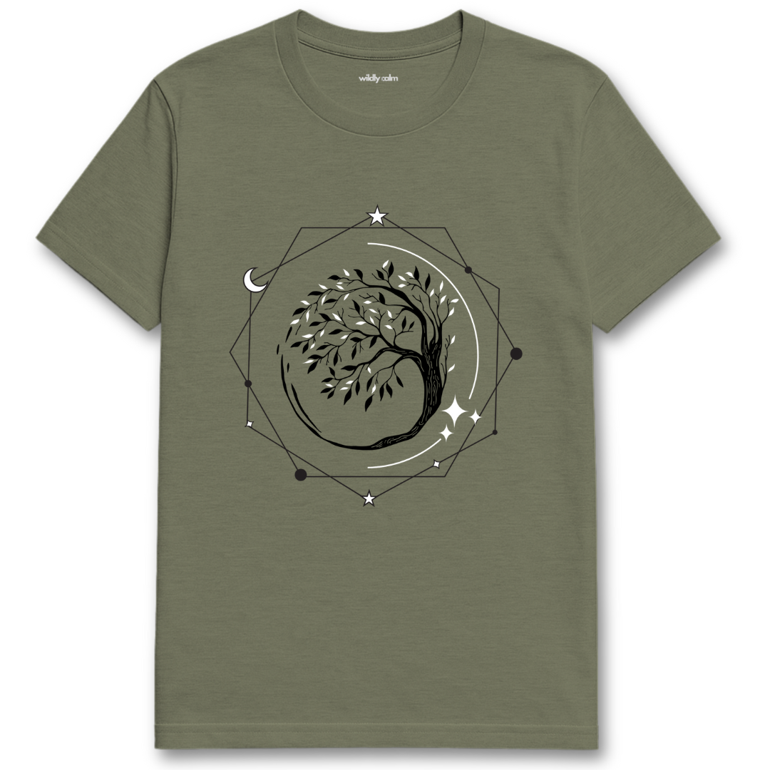 Tree of Life_Heather Military Green yoga t-shirt with a black and white geometric design - wildly calm