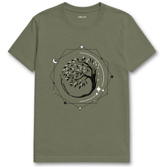 Tree of Life_Heather Military Green yoga t-shirt with a black and white geometric design - wildly calm