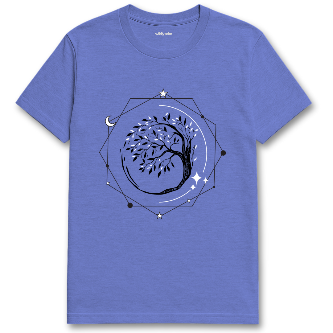 Tree of Life_Heather Royal yoga t-shirt with a black and white geometric design - wildly calm