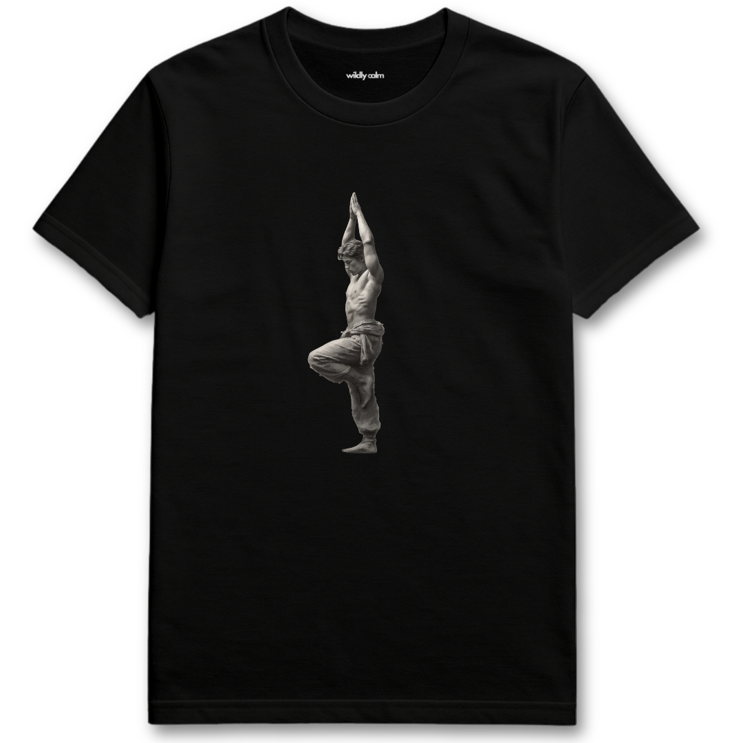 Tree pose-Man Black yoga t-shirt with a graphic of a person in a yoga pose - Wildly Calm