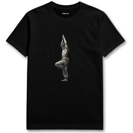 Tree pose-Man Black yoga t-shirt with a graphic of a person in a yoga pose - Wildly Calm
