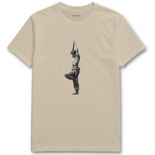 Tree pose-Man sand/beige yoga t-shirt with a graphic of a person in a yoga pose - Wildly Calm