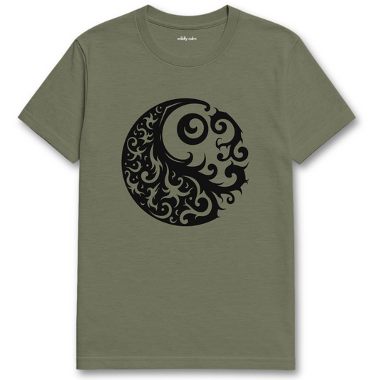 Tribal Balance_Heather military green t-shirt with a black intricate design on a white background for yoga -wildly calm