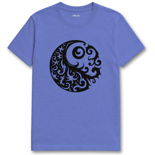 Tribal Balance_Heather Royal blue t-shirt with a black intricate design on a white background for yoga -wildly calm