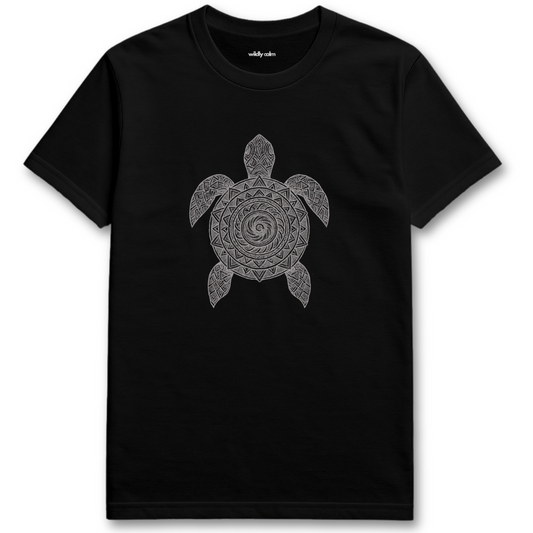 Turtle Mandala Black yoga t-shirt with a turtle design on a white background
