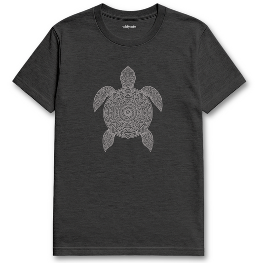 Turtle Mandala Heather Dark Grey yoga t-shirt with a turtle design on a white background