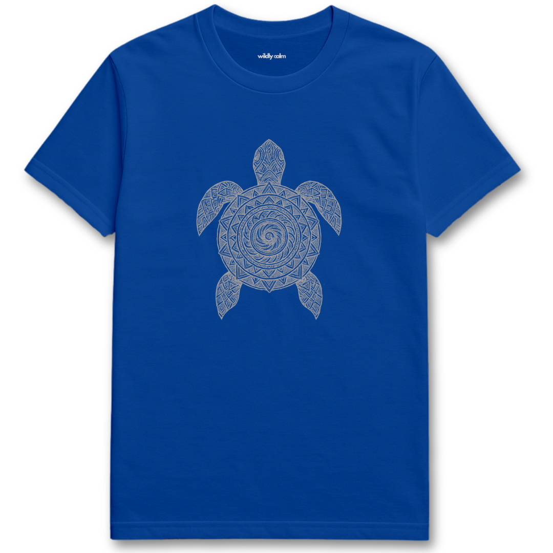 Turtle Mandala royal blue yoga t-shirt with a turtle design on a white background
