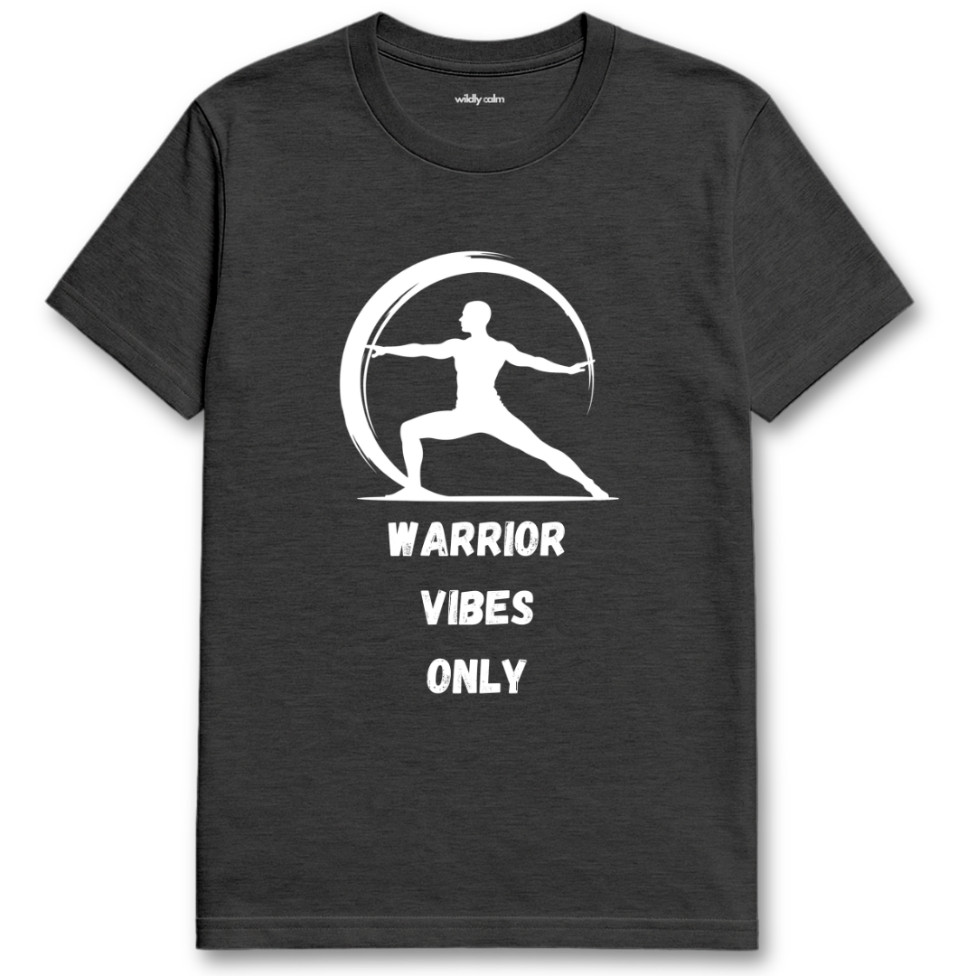 Warrior Vibes Only_Heather Dark Grey yoga t-shirt with a white graphic and text 'Warrior Vibes Only' - wildly calm