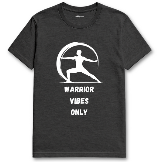 Warrior Vibes Only_Heather Dark Grey yoga t-shirt with a white graphic and text 'Warrior Vibes Only' - wildly calm