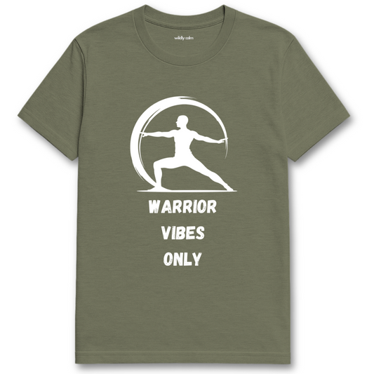 Warrior Vibes Heather Military Green yoga t-shirt with a white graphic and text 'Warrior Vibes Only' - wildly calm
