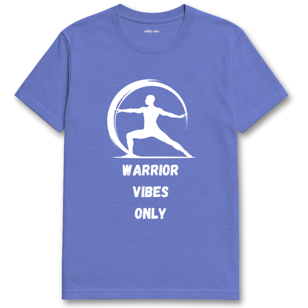 Warrior Vibes Heather royal blue yoga t-shirt with a white graphic and text 'Warrior Vibes Only' - wildly calm