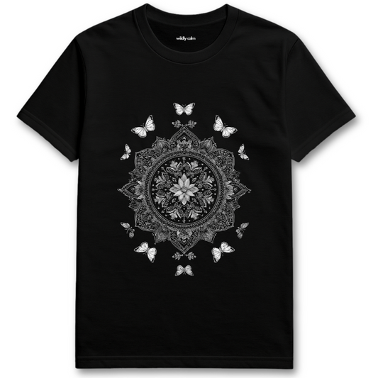 Wildly Calm_Wild flower Wheel Mandala Black t-shirt with a white mandala and butterfly design on a white background
