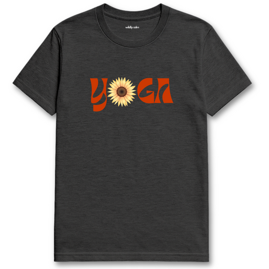 YOGA-Flower_Heather Dark Grey yoga t-shirt with 'Yoga' and a sunflower design - wildly calm
