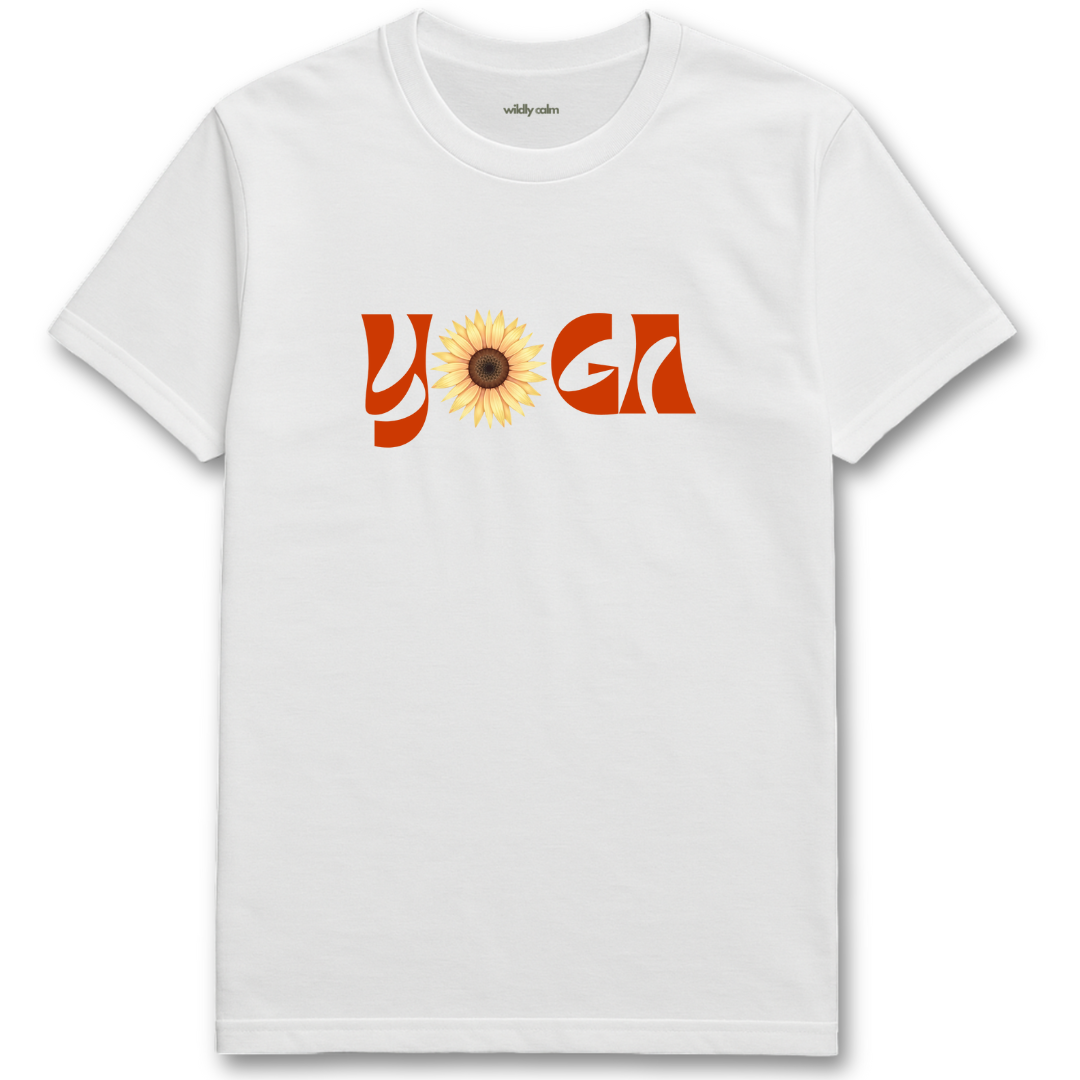 YOGA-Flower_White yoga t-shirt with 'Yoga' and a sunflower design - wildly calm