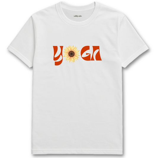 YOGA-Flower_White yoga t-shirt with 'Yoga' and a sunflower design - wildly calm